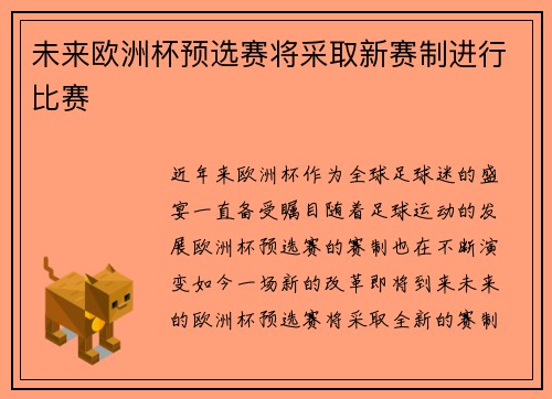 未来欧洲杯预选赛将采取新赛制进行比赛