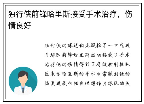独行侠前锋哈里斯接受手术治疗，伤情良好